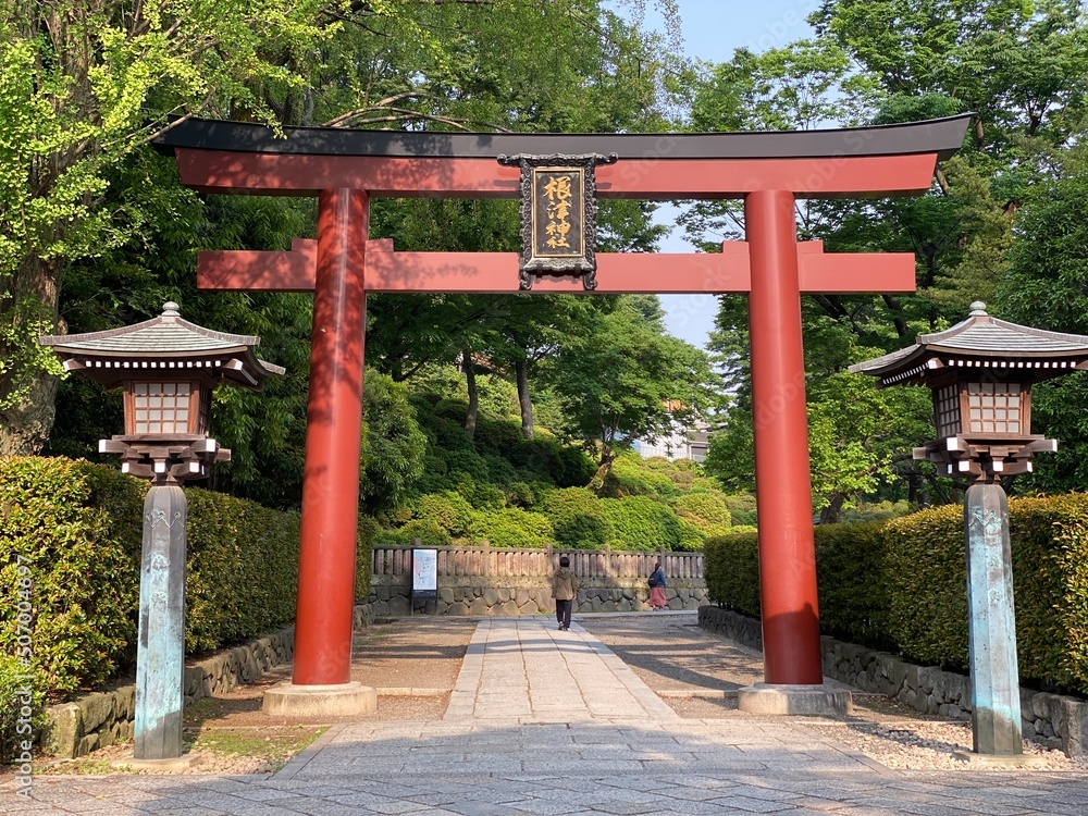 “Nezu shrine” in downtown Tokyo on a sunny day, entrance gate to the main corridor, year 2022 May 20th “Nezu shrine” in downtown Tokyo on a sunny day, entrance gate to the main corridor, year 2022 May 20th
