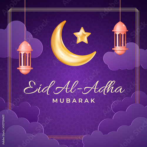 Eid al Adha cards design in 3d modern vector style. Eid Mubarak Islamic holiday banner with Ramadan lantern and moon. Ramadan muslim decoration and purple color background