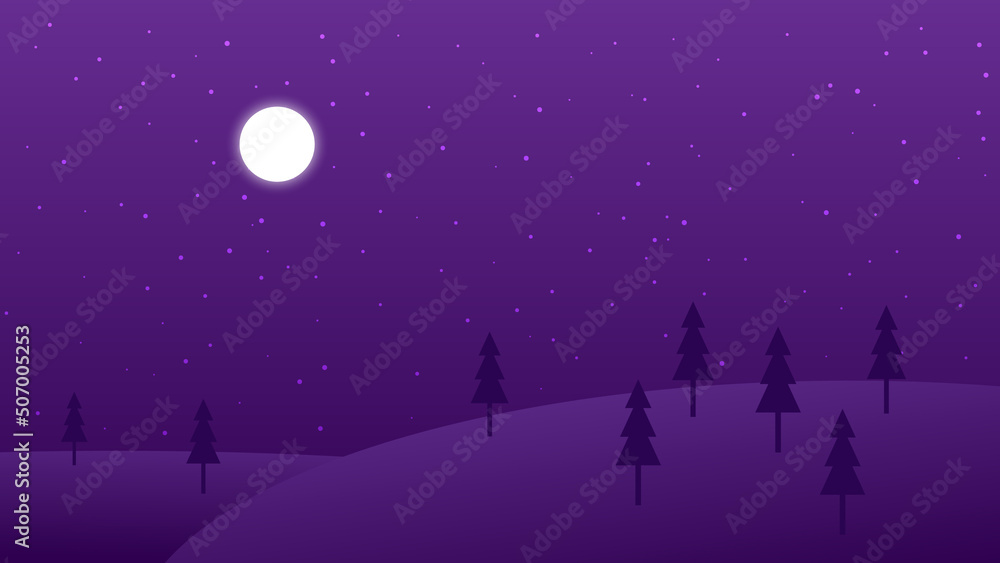 Fototapeta premium night landscape cartoon scene. silhouette tree on dark hill with full moon and star in the sky 