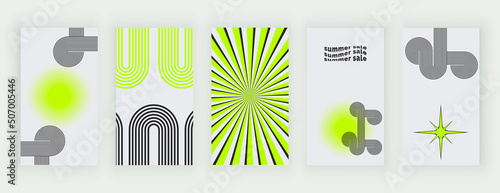 Green and grey groovy stories backrounds with retro shapes

