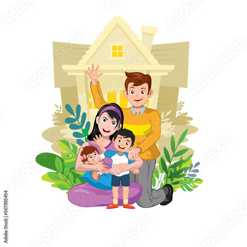 Happy family in editable vector flat style illustration with their house as a background. Mom, Dad, and their Children smile together. photo