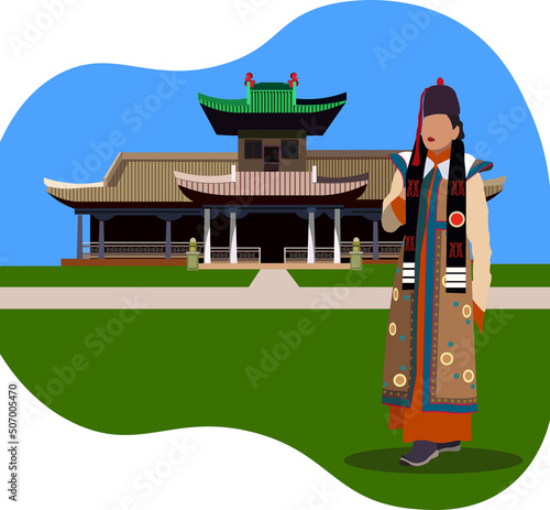 illustration on the theme of the country of Mongolia. A girl in a traditional Mongolian dress against the backdrop of the ancient Palace of the Bogd Gegen. Vector illustration