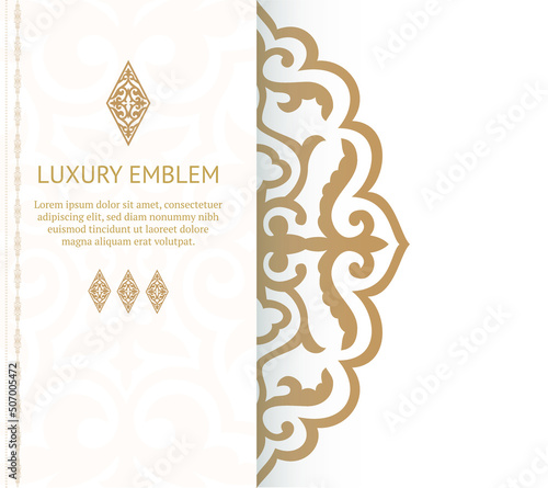 Golden vintage greeting card on a white background. Vector abstract design elements. Great for invitation and greeting cards, packaging, flyer, wallpaper or any desired idea. Luxury ornament template.