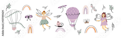 Spring set with butterfly, dragonfly, flower, plant and bird. Decorative design.