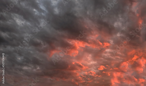 colorful dramatic sky with clouds, steaming cumulonimbus clouds reflect the pink light of the morning sun.