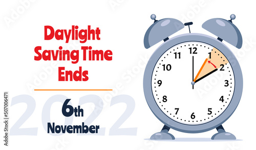 Banner of Daylight Saving Time Ends November 6, 2022. Alarm Clock Set To Clock Back One Hour. WinterTime, Fall Back.