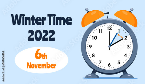 Banner of Daylight Saving Time Ends November 6, 2022. Alarm Clock Set To Clock Back One Hour. WinterTime, Fall Back.