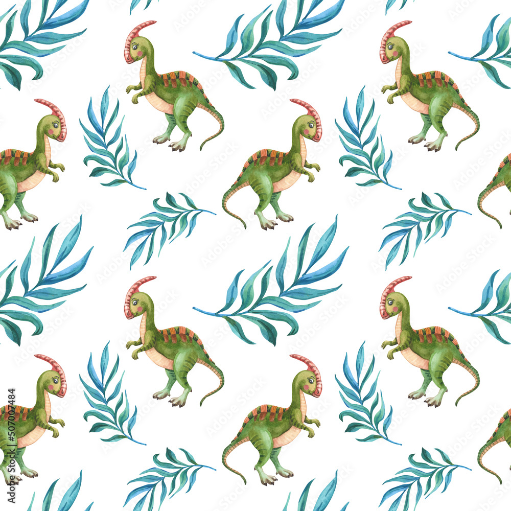 Fototapeta premium Watercolor green dinosaur, twig with green leaves. Cute parasaurolophus