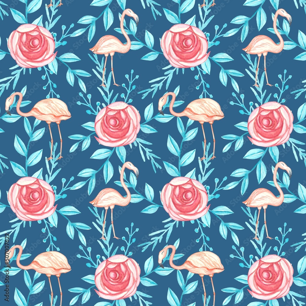 Tropical seamless pattern with flamingos and flowers.Watercolor illustration Tropical seamless pattern with flamingos and flowers.Watercolor illustration