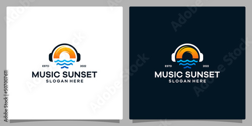 Vector logo design music. Logo headphone with circular sun and sea wave Logo. Premium vector