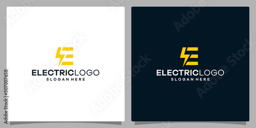 Electric logo design template. Lightning bolt logo with letter E symbol logo design. Premium vector
