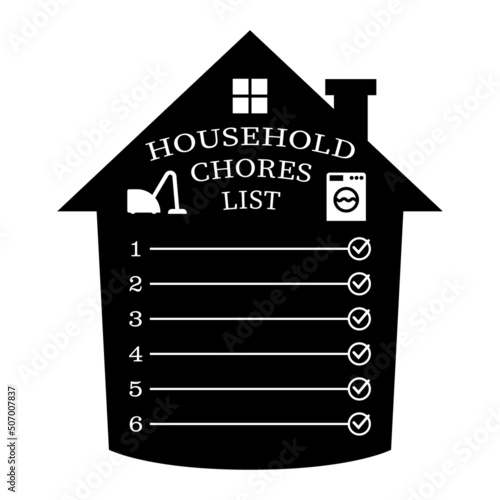 Household chores list. Design template. Vector illustration on white background. Black house silhouette with white lines, numbers and check mark set.