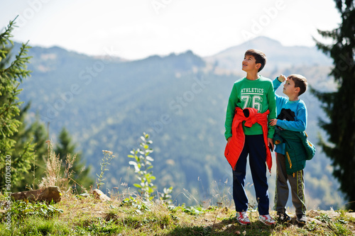 Brothers hike in the mountains, children are walking along a mountain trail, outdoor activities with children, sibling, boy with his brother traveling.