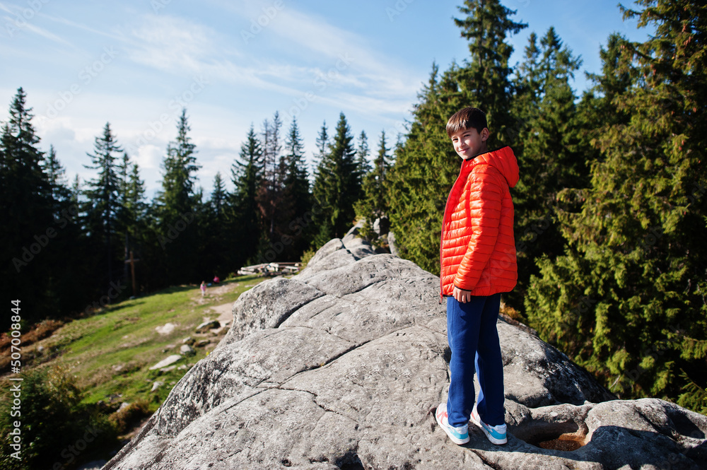 Naklejka premium Boy on top of mountain. Children hiking on beautiful day in mountains, resting on rock and admire amazing view peaks. Active family vacation leisure with kids.Outdoor fun and healthy activity.