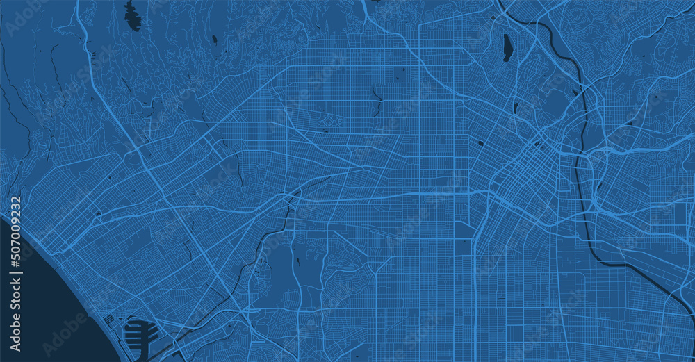 Dark blue Los Angeles City area vector background map, streets and water cartography illustration.