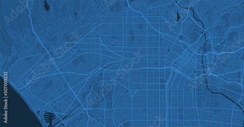 Obraz na płótnie Dark blue Los Angeles City area vector background map, streets and water cartography illustration. w salonie