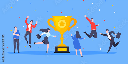 Employee recognition or proud workers of the month business concept flat style design vector illustration. Young adult people jump in the air near trophy cup.