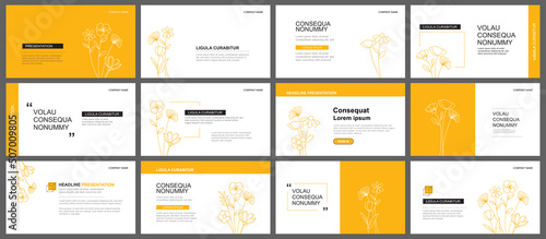 Presentation and slide layout background. Design yellow pastel leaves and flower template. Use for keynote, presentation, slide, leaflet, advertising, template.