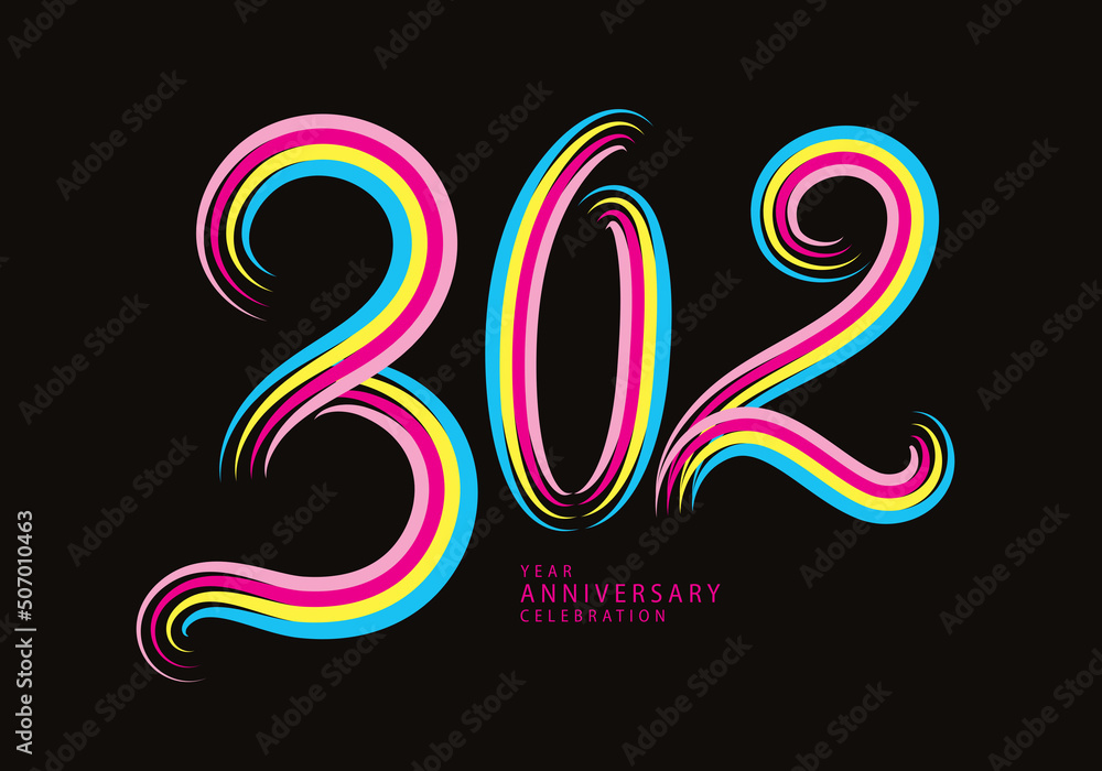 302 number design vector, graphic t shirt, 302 years anniversary celebration logotype colorful line,302th birthday logo, Banner template, logo number elements for invitation card, poster, t-shirt. 302 number design vector, graphic t shirt, 302 years anniversary celebration logotype colorful line,302th birthday logo, Banner template, logo number elements for invitation card, poster, t-shirt.