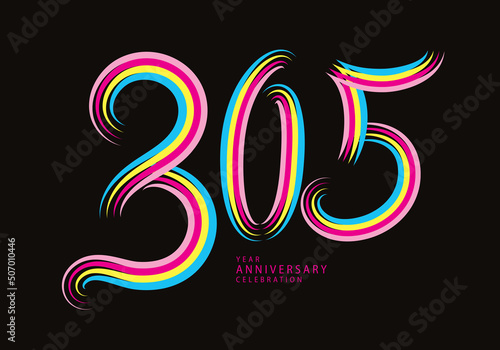 305 number design vector, graphic t shirt, 305 years anniversary celebration logotype colorful line,305th birthday logo, Banner template, logo number elements for invitation card, poster, t-shirt.