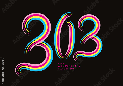 303 number design vector, graphic t shirt, 303 years anniversary celebration logotype colorful line,303th birthday logo, Banner template, logo number elements for invitation card, poster, t-shirt.