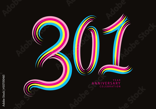 301 number design vector, graphic t shirt, 301 years anniversary celebration logotype colorful line,301th birthday logo, Banner template, logo number elements for invitation card, poster, t-shirt.