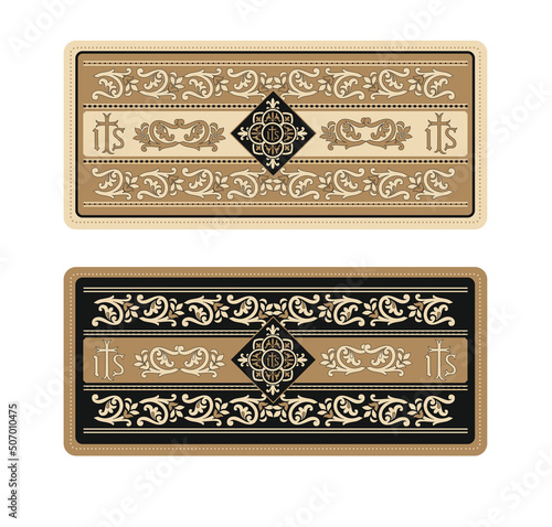 GOLD EMBROIDERY FOR LITURGICAL CLOTHES AND SACRED CEREMONIES. SACRED CATHOLIC SYMBOLS IN ANCIENT STYLE WITH GOLDEN DECORATIONS