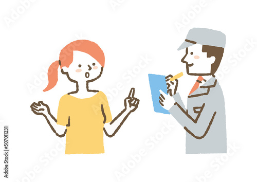 作業着の男性と説明をする女性_色