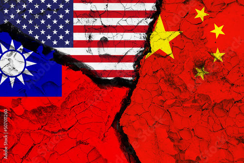 Canvas Print Flag of USA China and Taiwan on cracked wall