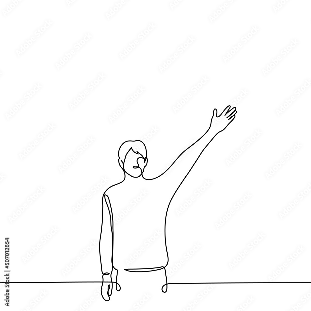 man raised his hand up to the right - one line drawing vector. northeast direction sign concept man raised his hand up to the right - one line drawing vector. northeast direction sign concept