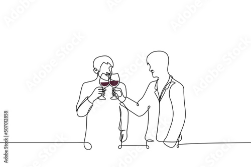 two men clink glasses of red wine smiling to each other - one line drawing vector. concept friends wine lovers; celebration, buffet or party; homosexual couple flirting