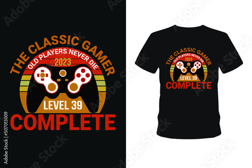 Old players never 1985 level 01 complete, Next level unlocked gaming t-shirt design,  Vector graphic, typographic poster, vintage, bundle t-shirt, label, badge, logo, icon or t-shirt