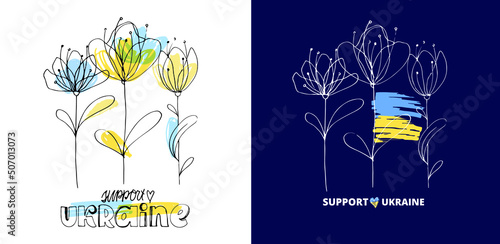 Support Ukraine label. Blue yellow ukrainian flag background.