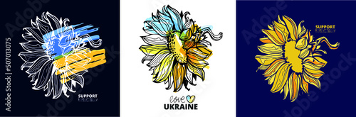 Support Ukraine label. Blue yellow ukrainian flag background.