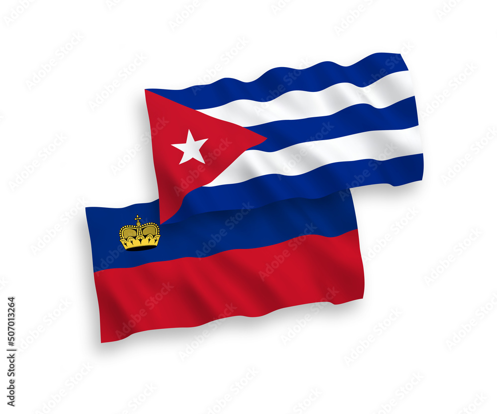 National vector fabric wave flags of Liechtenstein and Cuba isolated on white background. 1 to 2 proportion. National vector fabric wave flags of Liechtenstein and Cuba isolated on white background. 1 to 2 proportion.