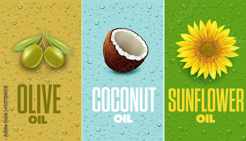 Coconut, Olive and sunflower food oil labels with many oil drops