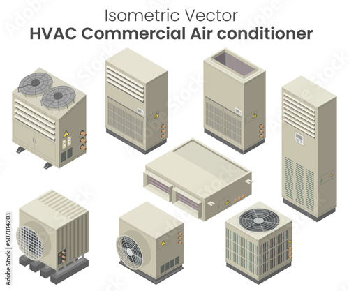 Isometric vector of air conditioners condensing unit, Chiller, VRF units, air conditioners for commercial or factory, HVAC
