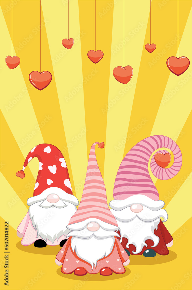 Three Valentine gnomes with hearts