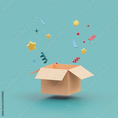 3D rendering concept of a present box cardboard opens up to show elements and blank space inside for commercial design. 3D render. photo