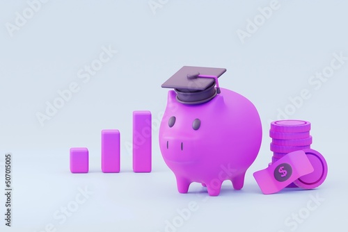 3d rendering of Graduation cap icon Purple gradient coins and piggybank concept of saving money for education on blue background. 3d render.