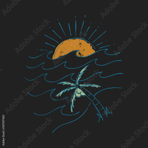 Beauty beach with good wave and sunset graphic illustration vector art t-shirt design