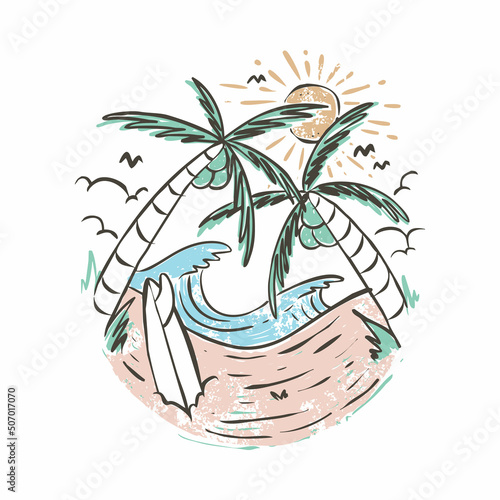 Beauty beach with good wave and surfing graphic illustration vector art t-shirt design