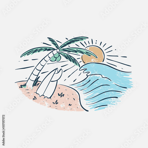 Beauty beach with good wave and surfing graphic illustration vector art t-shirt design