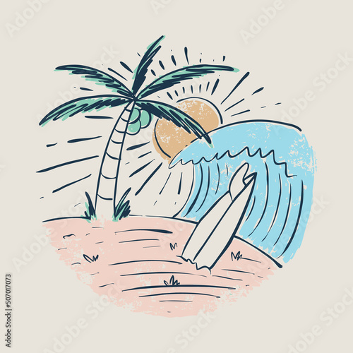 Beauty beach with good wave and surfing graphic illustration vector art t-shirt design