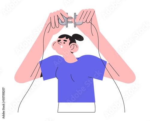 Woman put plug into electric socket. Concept of productivity, effectiveness, source of energy for brain or project charging. Modern flat vector illustration for banner.
