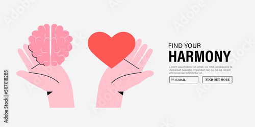 Wellness concept. Body and brain harmony, meditation, exercises or healthcare. Hands hold heart shape and human brain. Concept of mental and physical health, connection or balance.