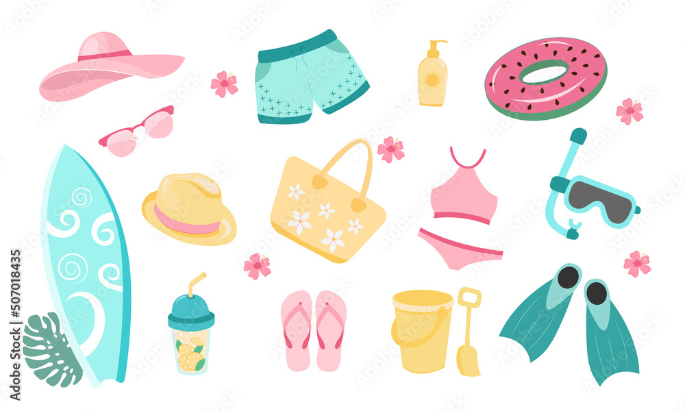 Set of summer icons. Beach hut, sunglasses, sunscreen cream, beach bag, cup of lemonade, rubber ring, beach toys, flippers, snorkel mask, swimming trunks, swimsuit, slipper. Set of summer accessories.