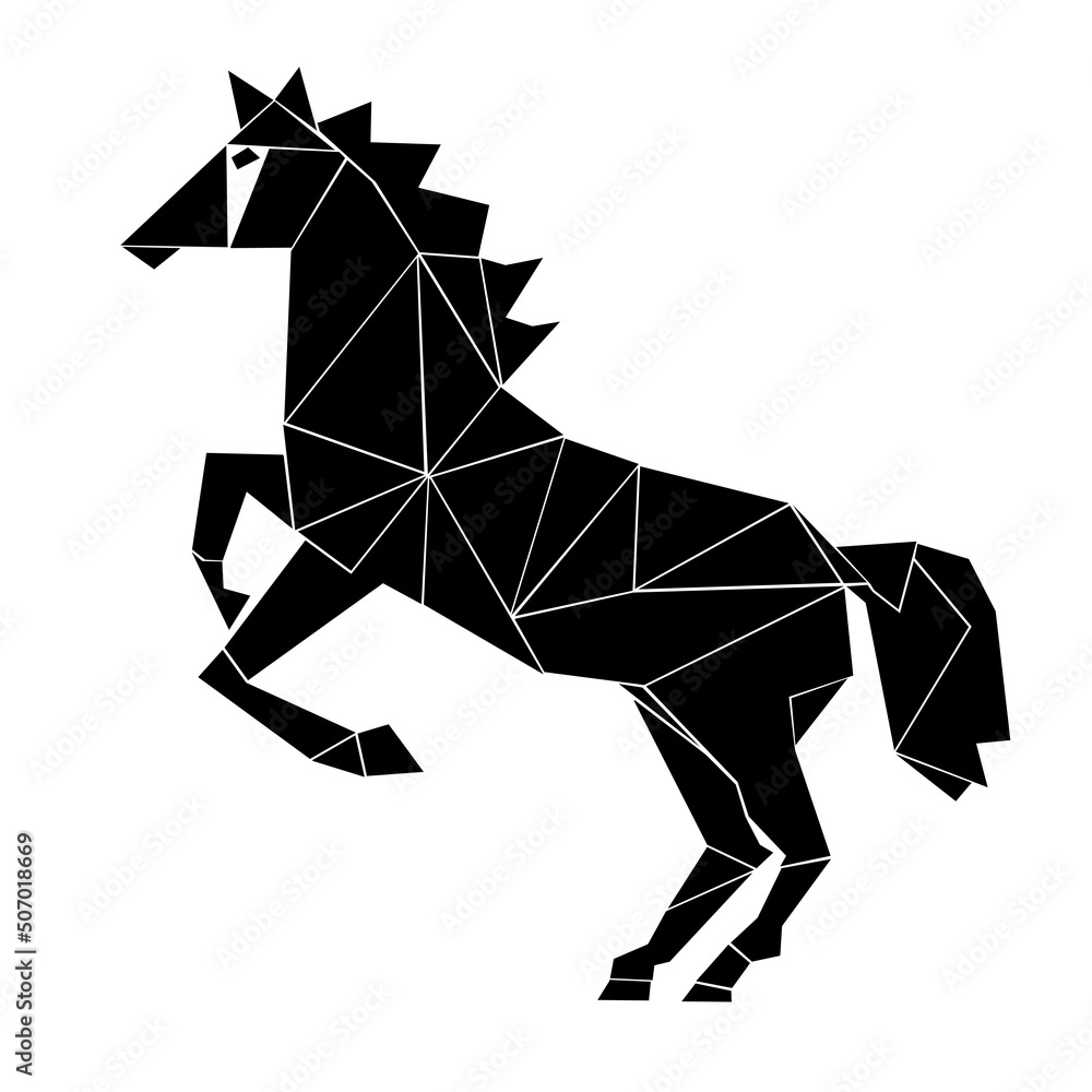 Horse, animal. Graphics , illustration, image, button, web, triangles. Simple elements. Black and white text background