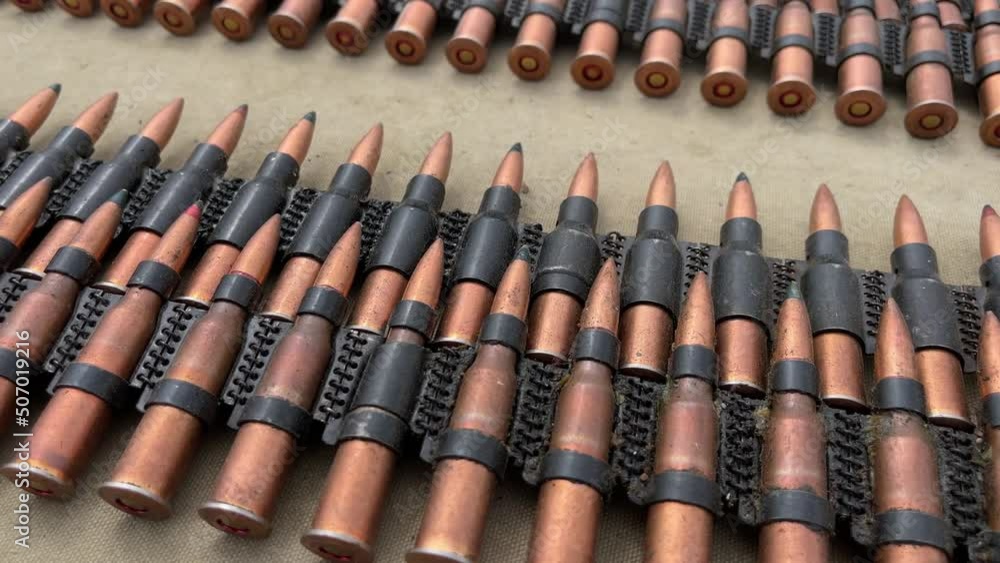 Ammunition of different calibers is laid out on the ground during military exercises. Ammunition of different calibers is laid out on the ground during military exercises.