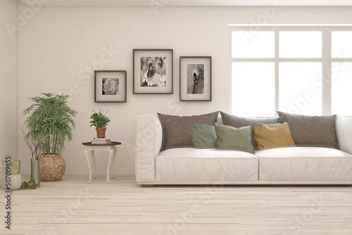 Soft color living room with sofa. Scandinavian interior design. 3D illustration